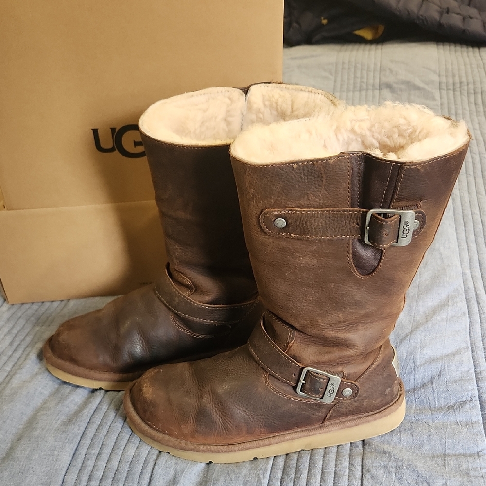 UGG Dark Brown Leather Boots with Cream Shearling